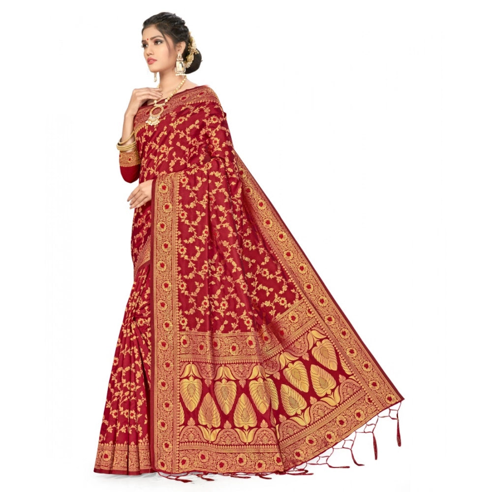 Snuggle Spot Women's Banarasi Silk Saree With Blouse (Maroon, 5-6Mtrs)