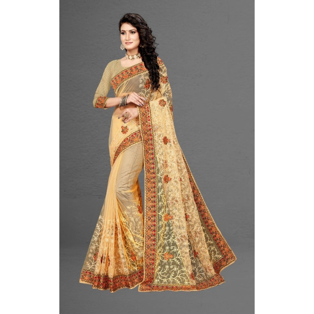 Snuggle Spot Women's Net Saree With Blouse (Chiku, 5-6Mtrs)