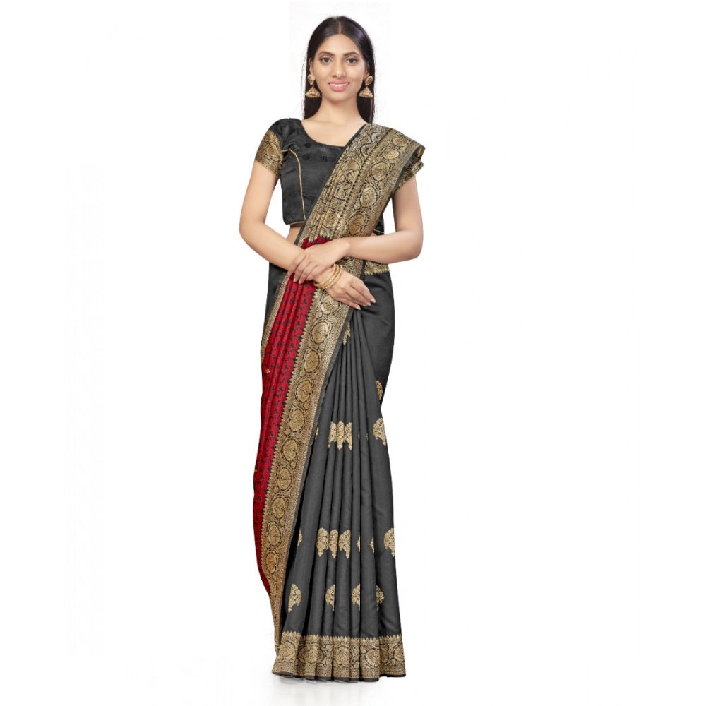 Snuggle Spot Women's Banarasi Silk Saree With Blouse (Black, Red, 5-6Mtrs)