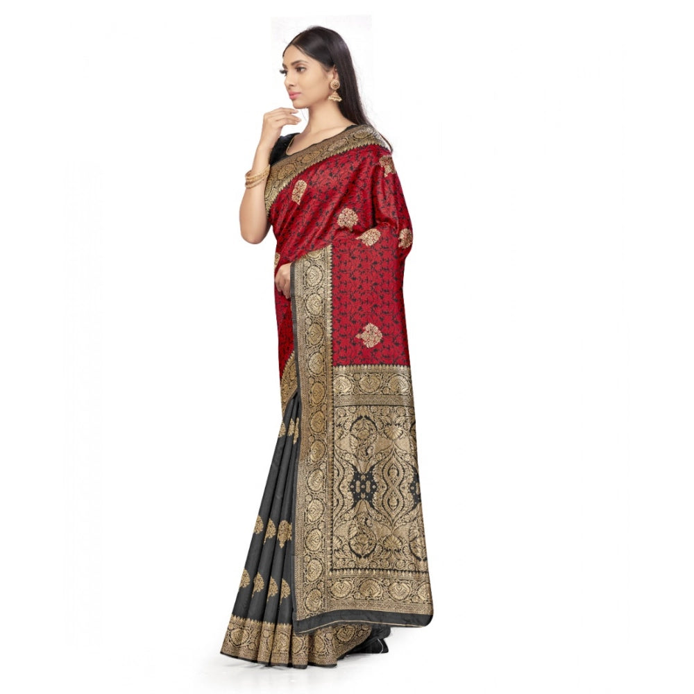 Snuggle Spot Women's Banarasi Silk Saree With Blouse (Black, Red, 5-6Mtrs)