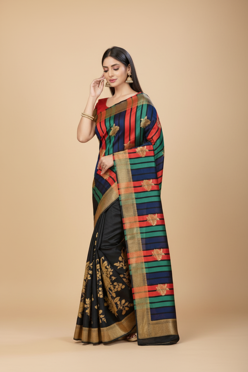 Snuggle Spot Women's Banarasi Silk Saree With Blouse (Black, 5-6Mtrs)