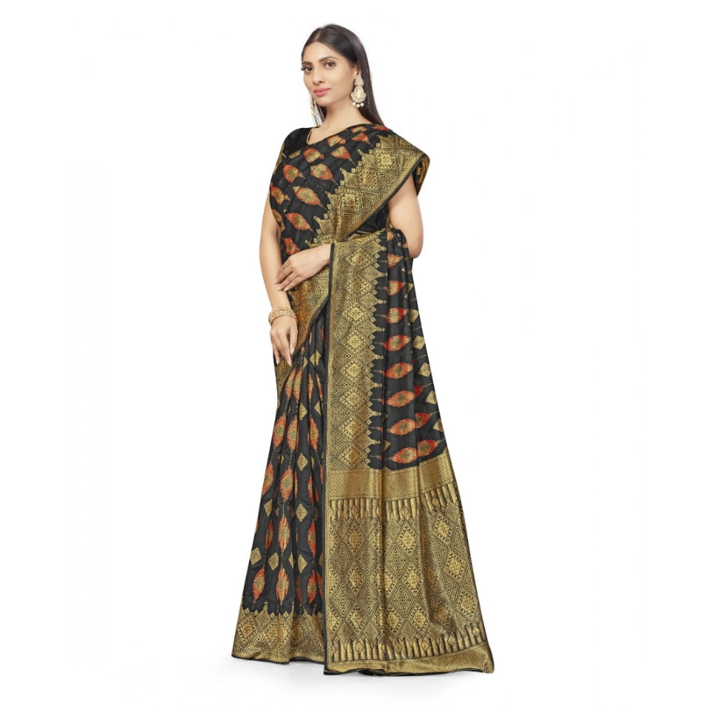 Snuggle Spot Women's Banarasi Silk Saree With Blouse (Black, 5-6Mtrs)