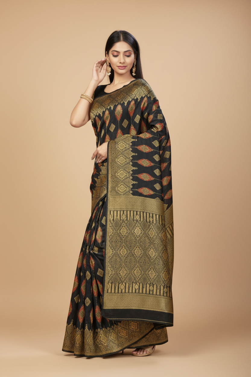 Snuggle Spot Women's Banarasi Silk Saree With Blouse (Black, 5-6Mtrs)