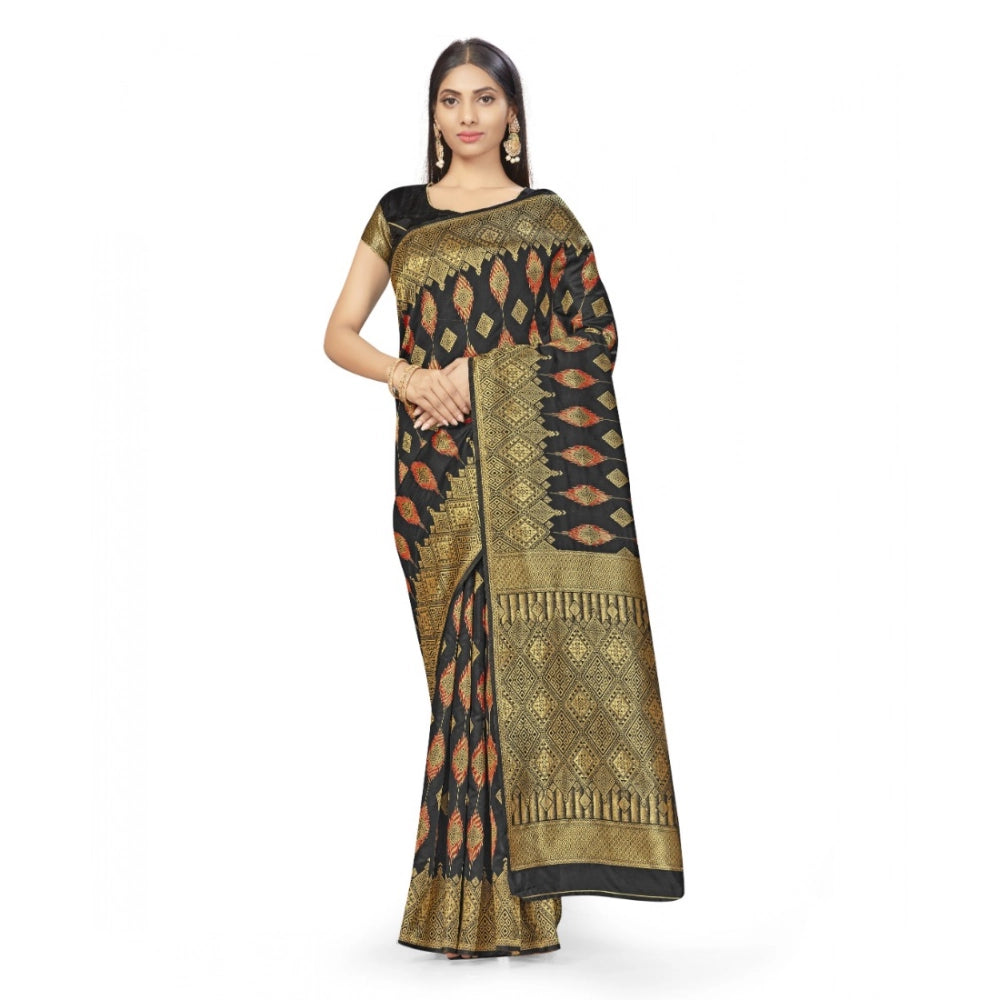 Snuggle Spot Women's Banarasi Silk Saree With Blouse (Black, 5-6Mtrs)