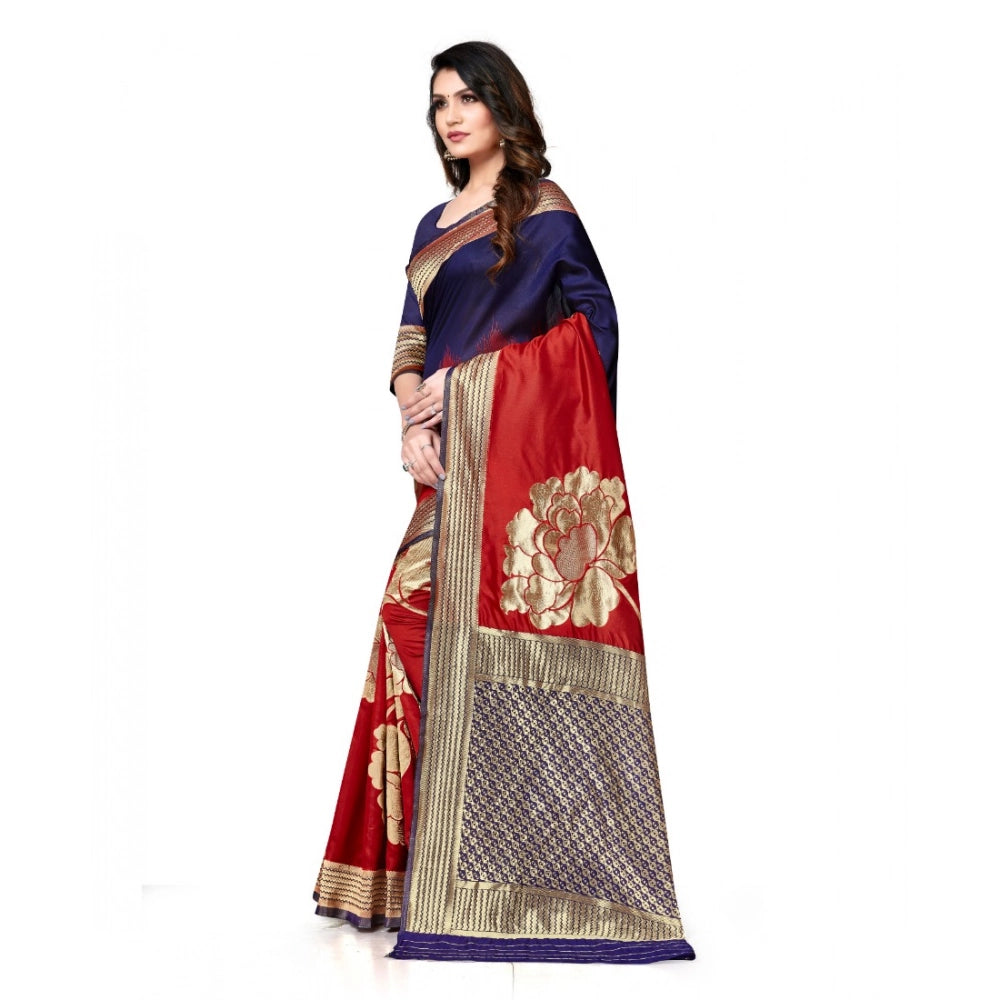 Snuggle Spot Women's Banarasi Silk Saree With Blouse (Navy Blue, Red, 5-6Mtrs)