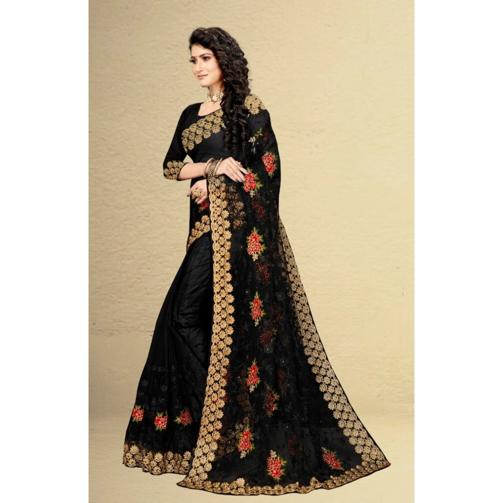 Snuggle Spot Women's Net Saree With Blouse (Black, 5-6Mtrs)