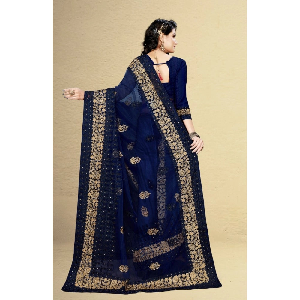 Snuggle Spot Women's Net Saree With Blouse (Navy Blue, 5-6Mtrs)