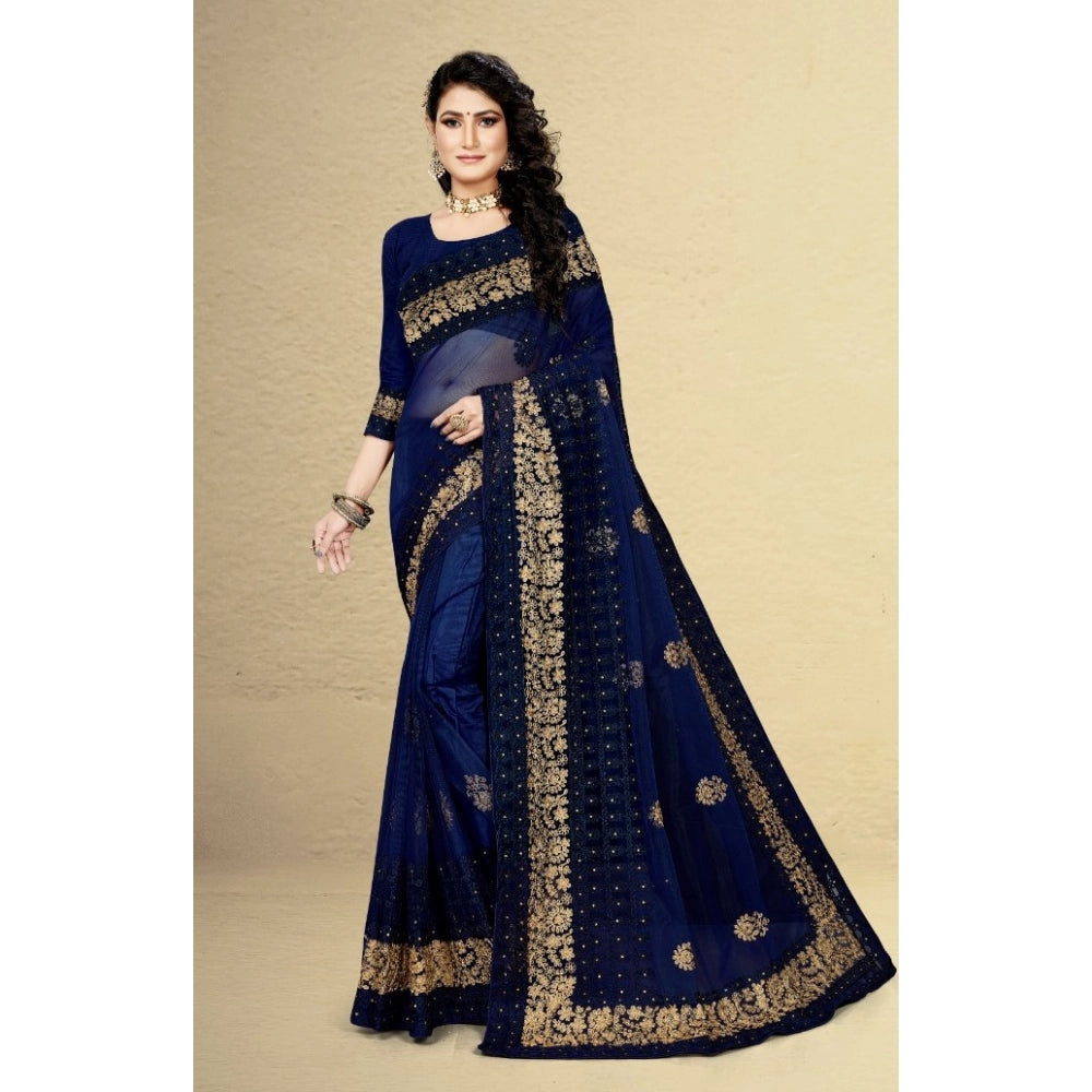 Snuggle Spot Women's Net Saree With Blouse (Navy Blue, 5-6Mtrs)