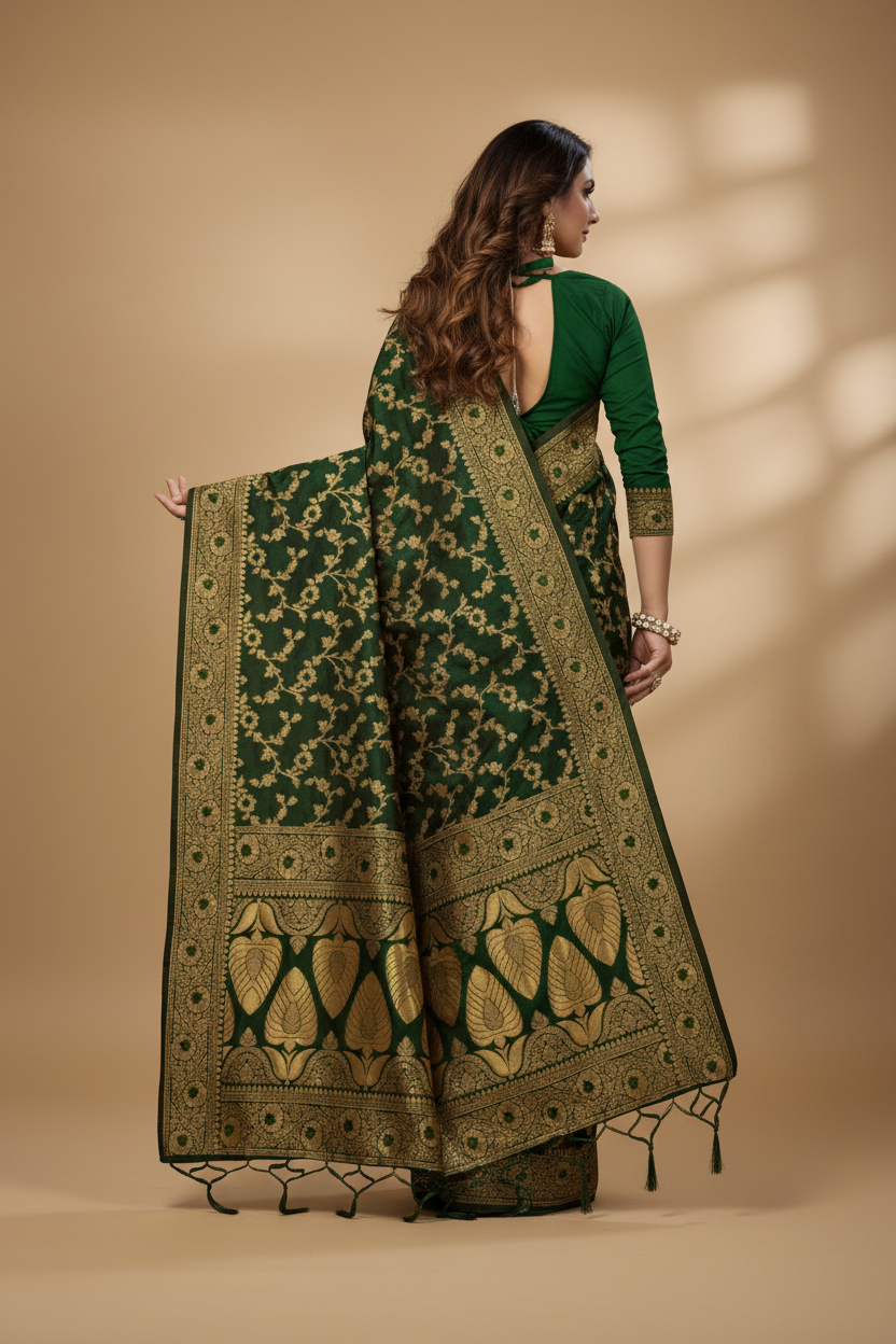 Snuggle Spot Women's Banarasi Silk Saree With Blouse (Green, 5-6Mtrs)