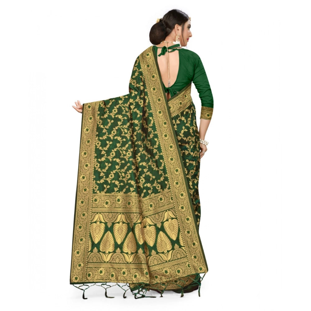 Snuggle Spot Women's Banarasi Silk Saree With Blouse (Green, 5-6Mtrs)