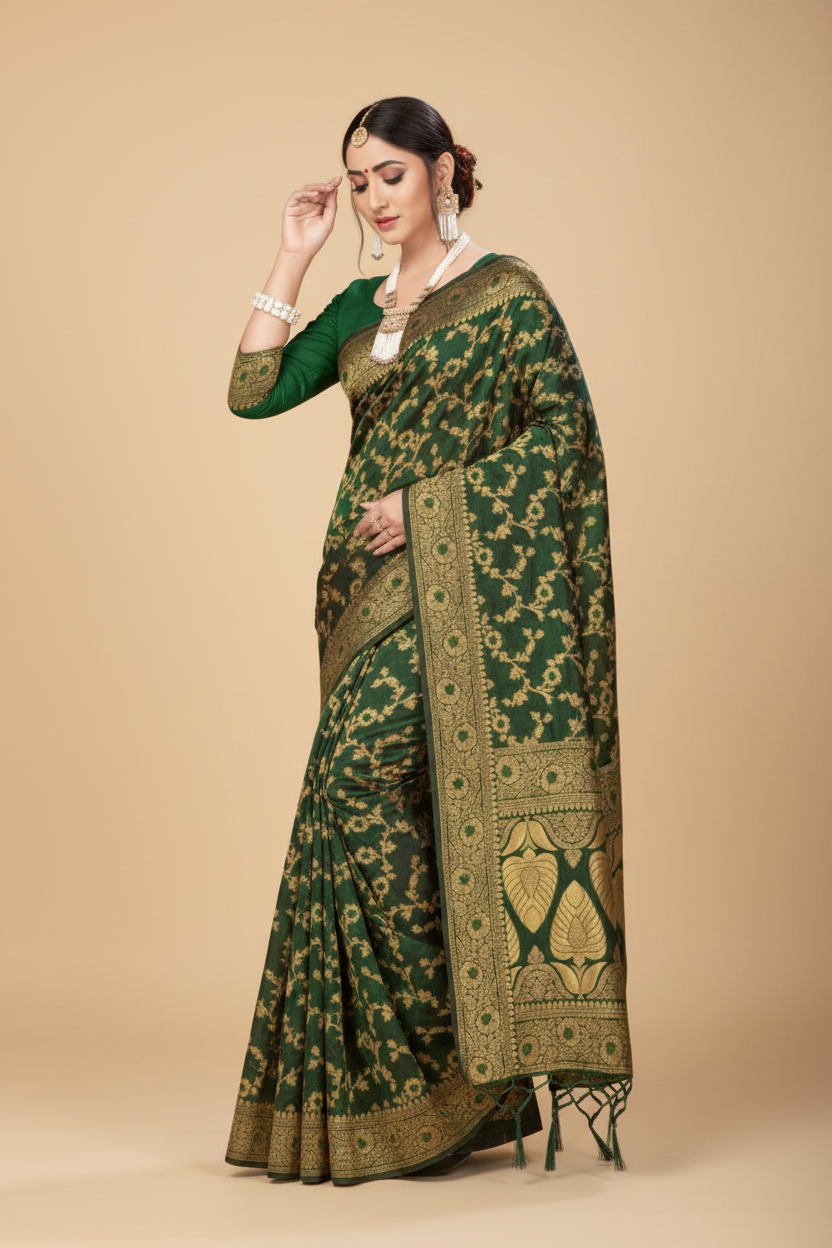 Snuggle Spot Women's Banarasi Silk Saree With Blouse (Green, 5-6Mtrs)