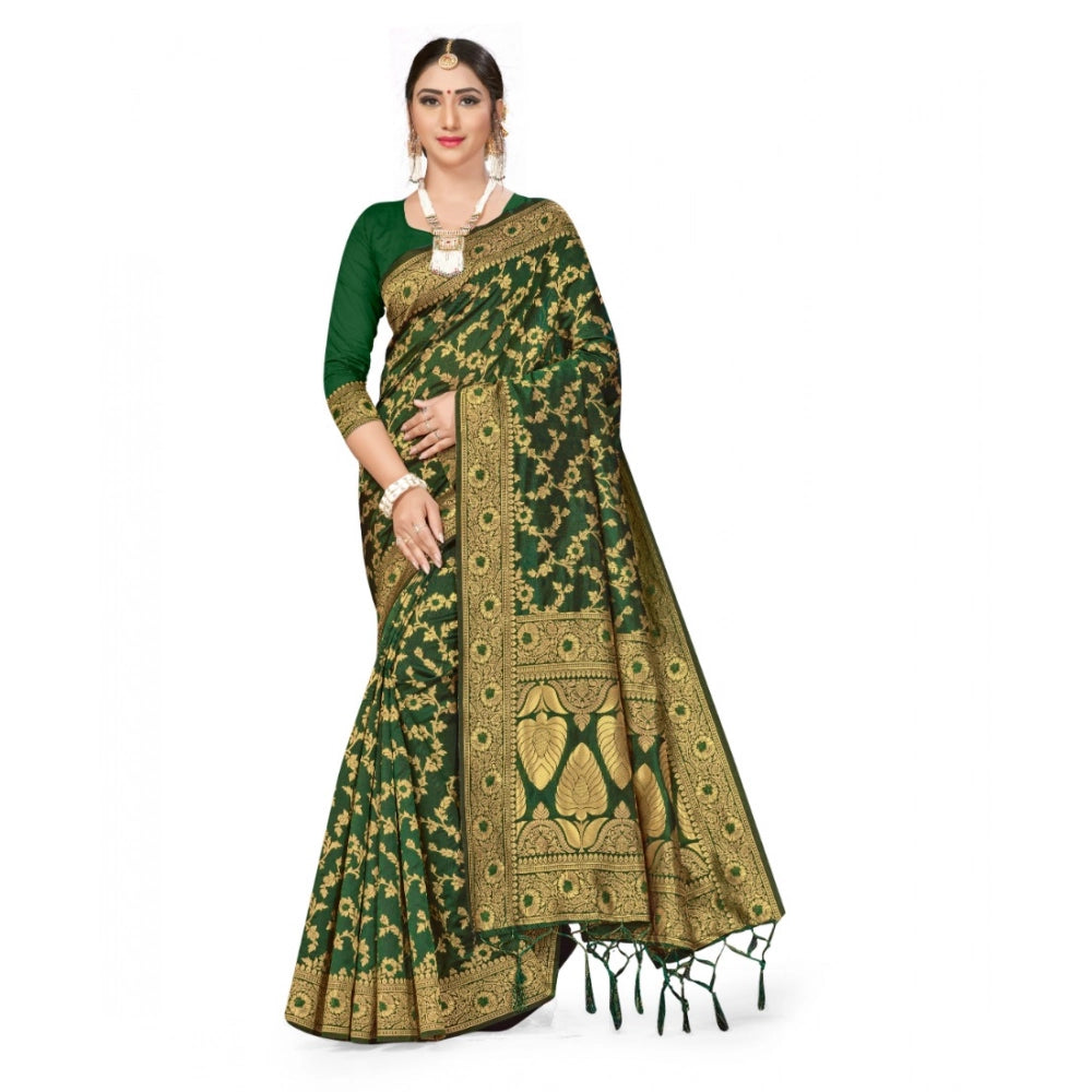 Snuggle Spot Women's Banarasi Silk Saree With Blouse (Green, 5-6Mtrs)