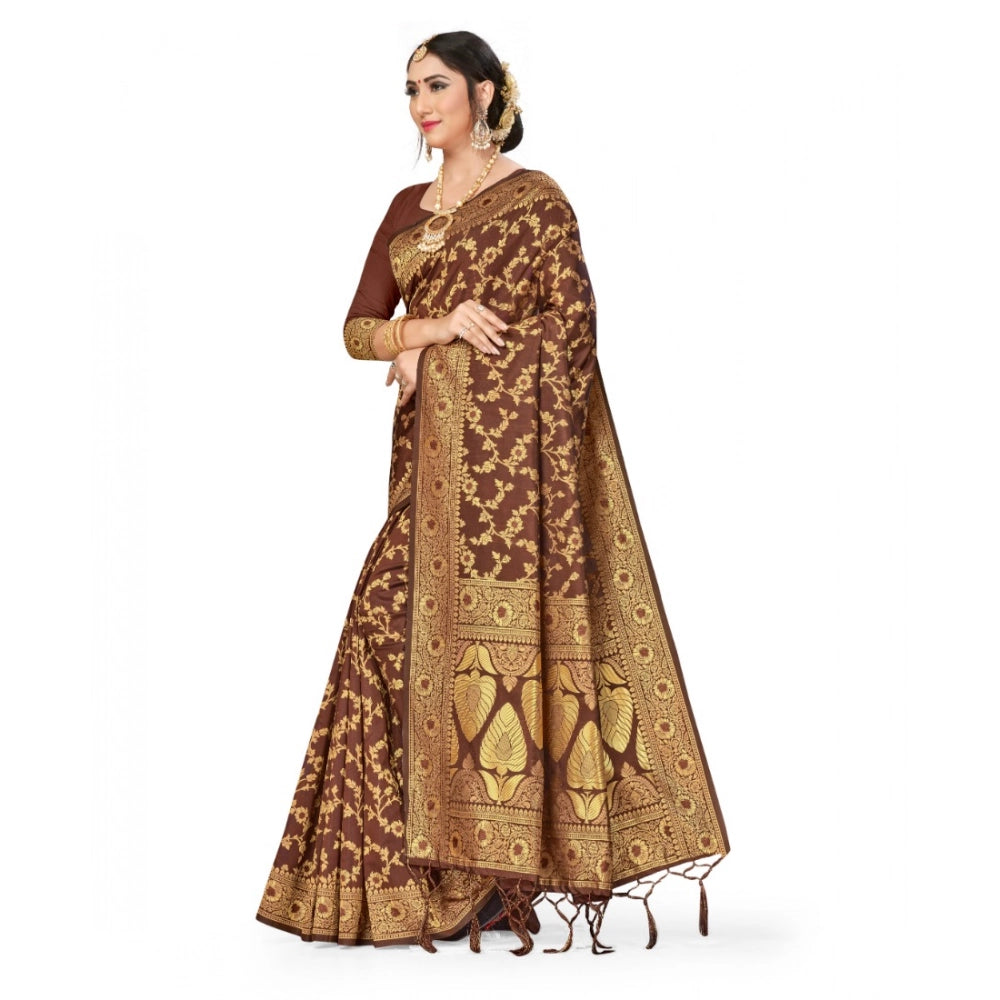 Snuggle Spot Women's Banarasi Silk Saree With Blouse (Coffee, 5-6Mtrs)