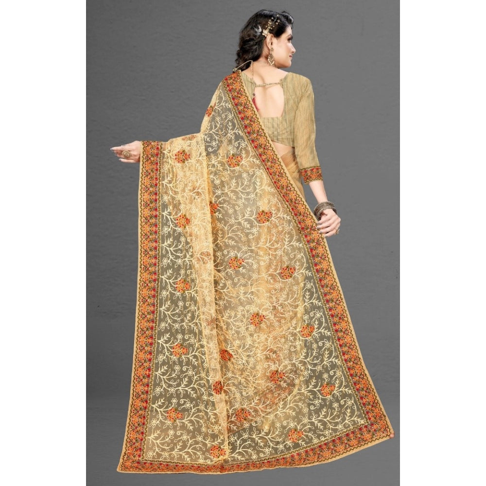Snuggle Spot Women's Net Saree With Blouse (Chiku, 5-6Mtrs)