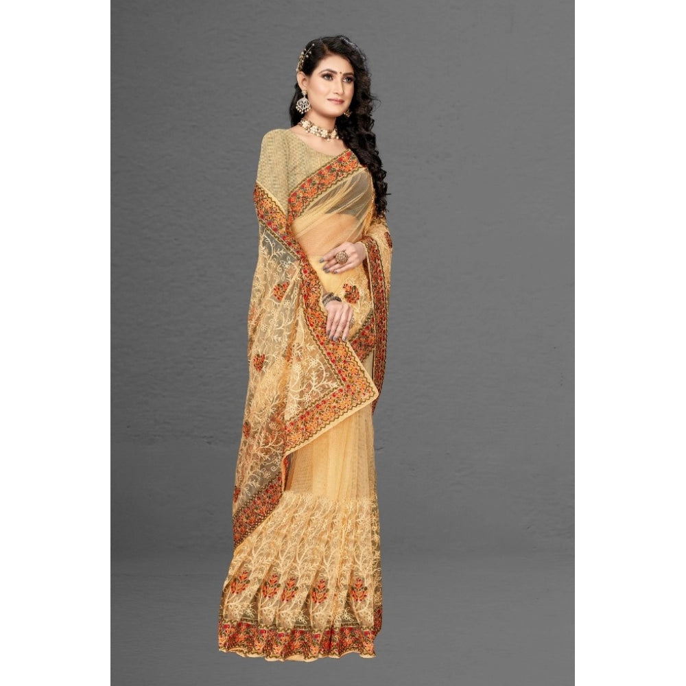 Snuggle Spot Women's Net Saree With Blouse (Chiku, 5-6Mtrs)