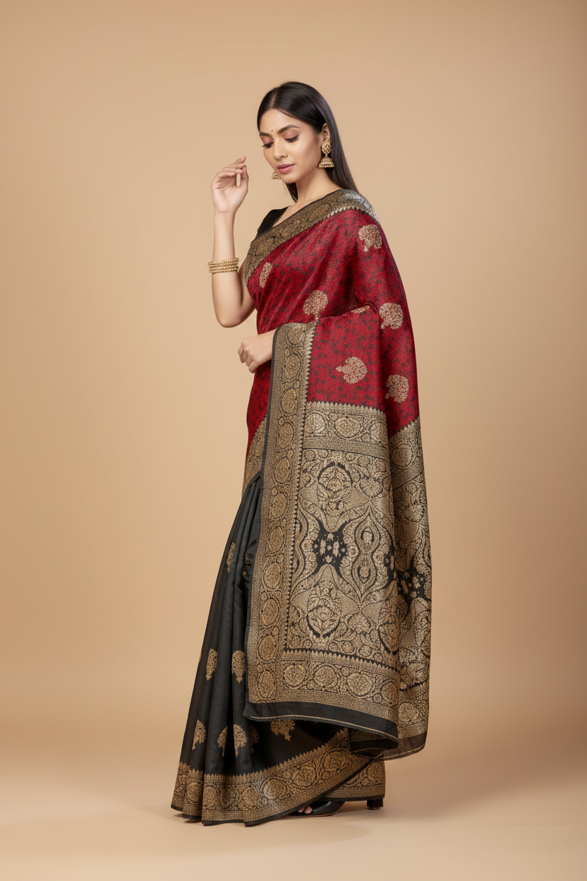 Snuggle Spot Women's Banarasi Silk Saree With Blouse (Black, Red, 5-6Mtrs)