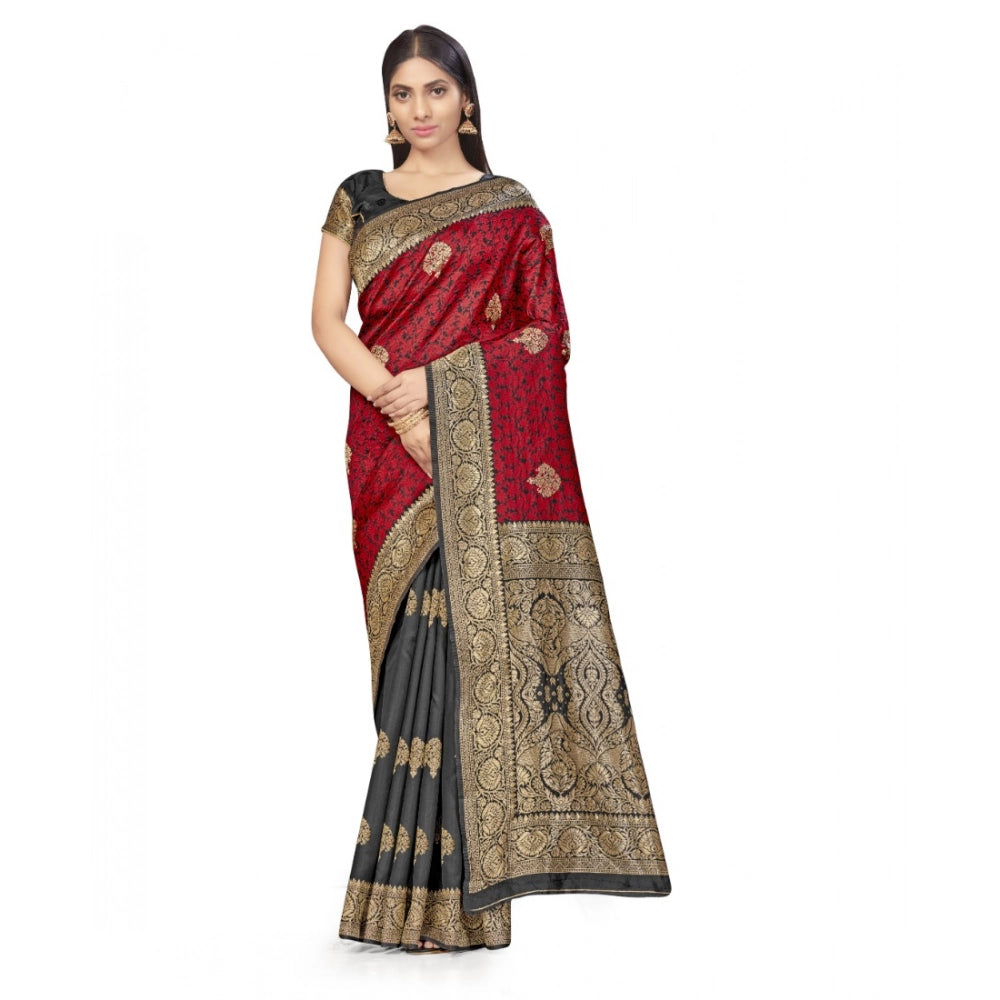 Snuggle Spot Women's Banarasi Silk Saree With Blouse (Black, Red, 5-6Mtrs)