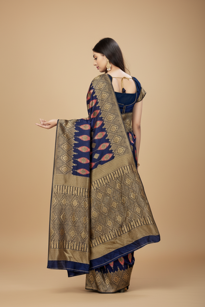 Snuggle Spot Women's Banarasi Silk Saree With Blouse (Navy Blue, 5-6Mtrs)