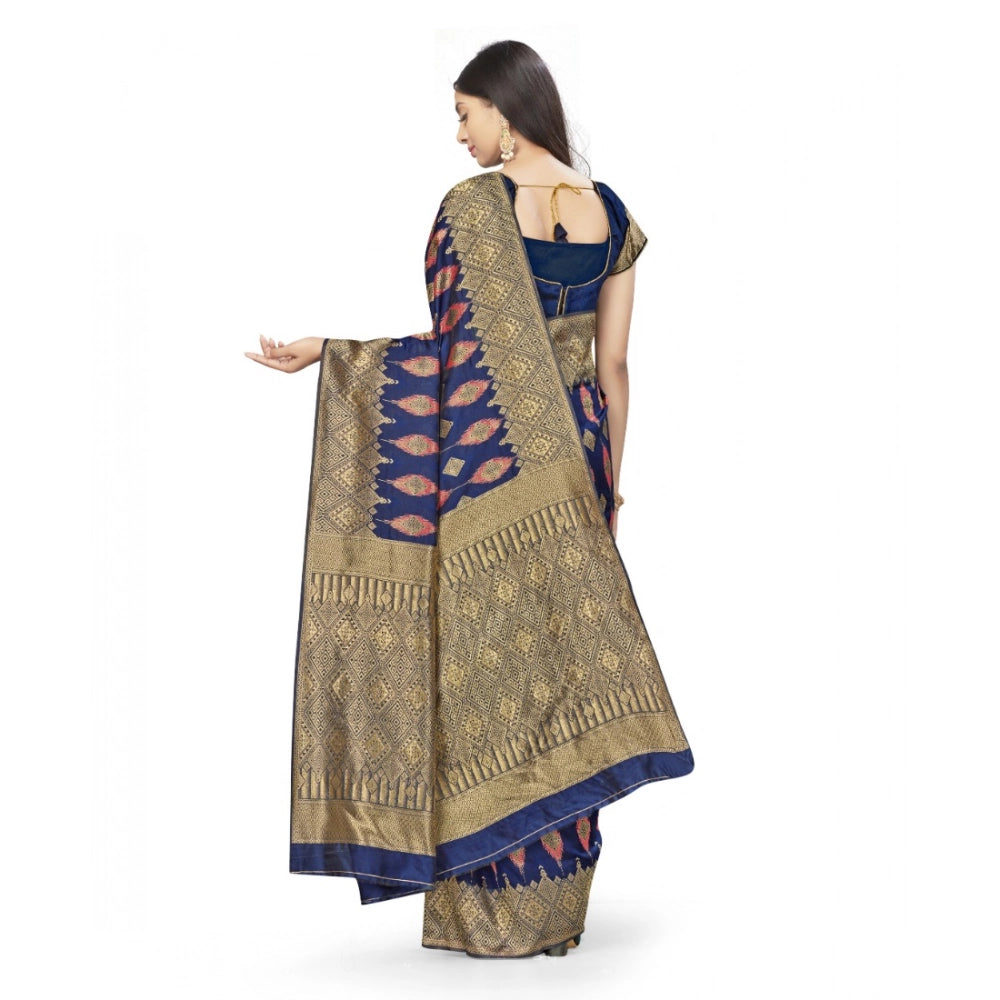 Snuggle Spot Women's Banarasi Silk Saree With Blouse (Navy Blue, 5-6Mtrs)
