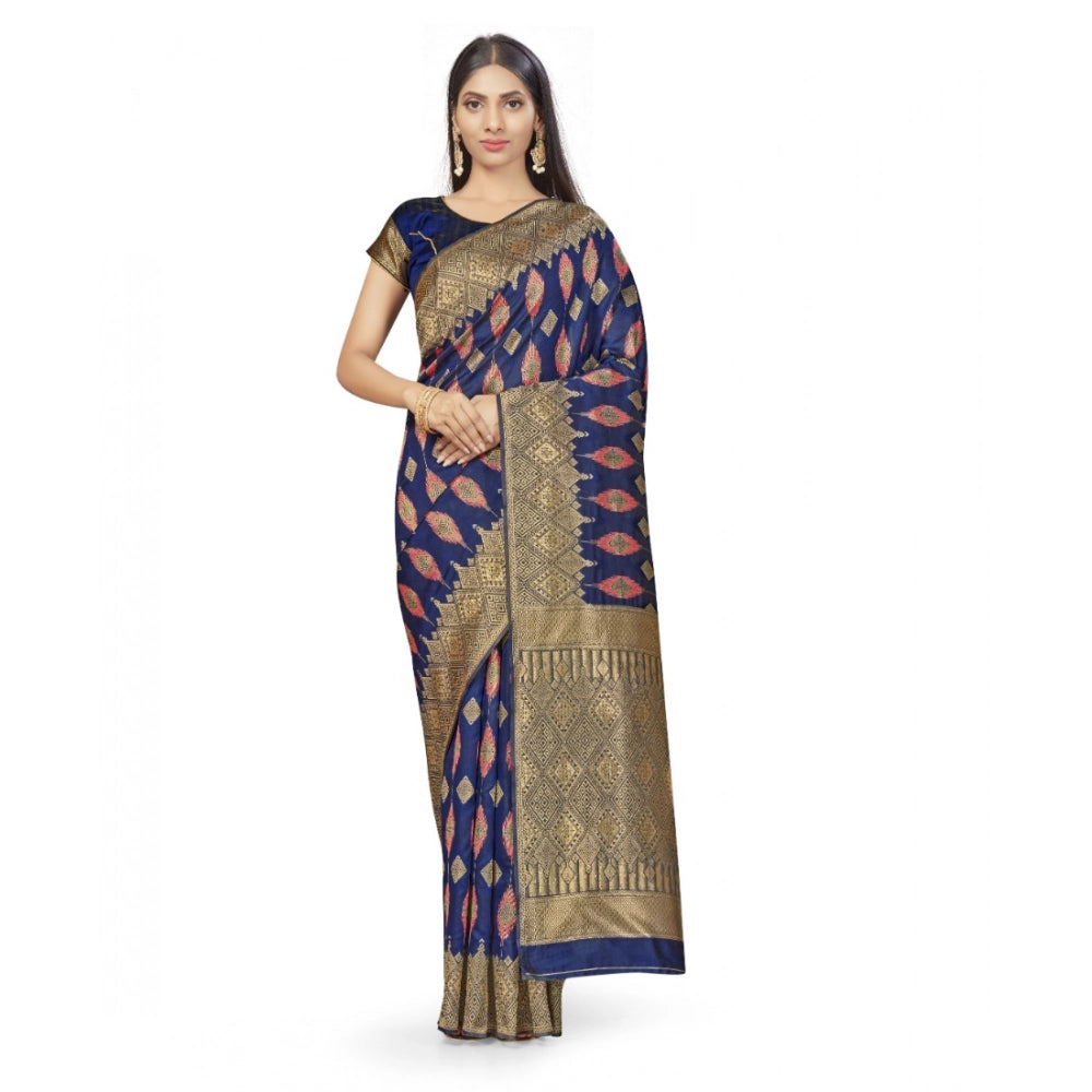 Snuggle Spot Women's Banarasi Silk Saree With Blouse (Navy Blue, 5-6Mtrs)