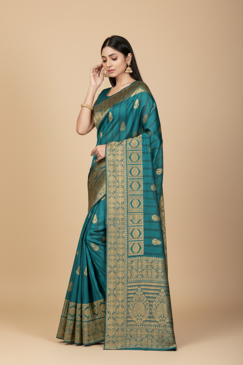 Snuggle Spot Women's Banarasi Silk Saree With Blouse (Peach, 5-6Mtrs)