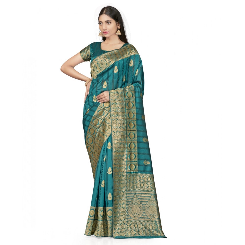 Snuggle Spot Women's Banarasi Silk Saree With Blouse (Peach, 5-6Mtrs)