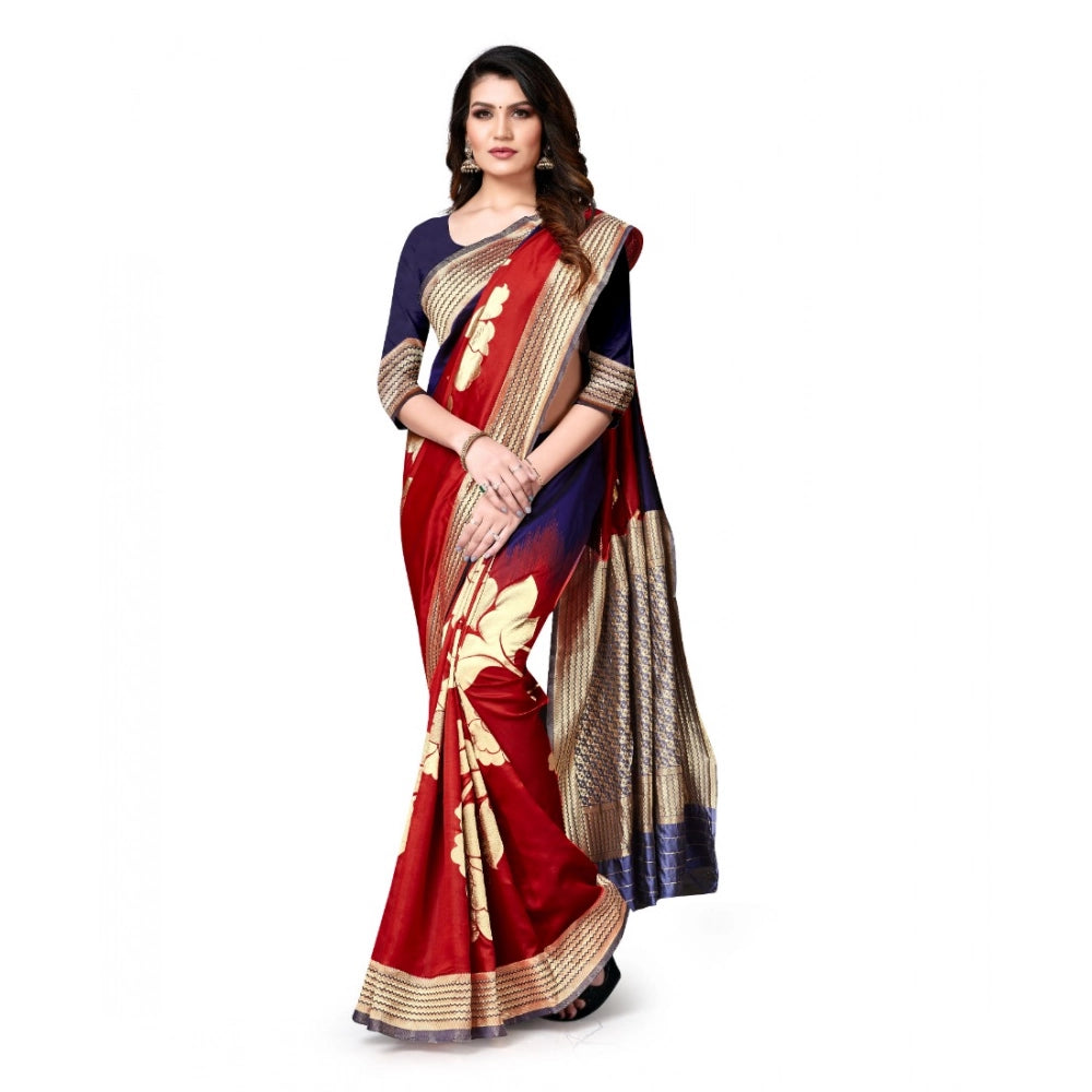 Snuggle Spot Women's Banarasi Silk Saree With Blouse (Navy Blue, Red, 5-6Mtrs)