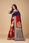 Snuggle Spot Women's Banarasi Silk Saree With Blouse (Navy Blue, Red, 5-6Mtrs)