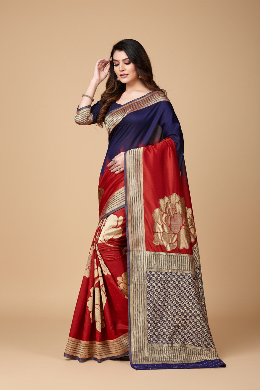 Snuggle Spot Women's Banarasi Silk Saree With Blouse (Navy Blue, Red, 5-6Mtrs)