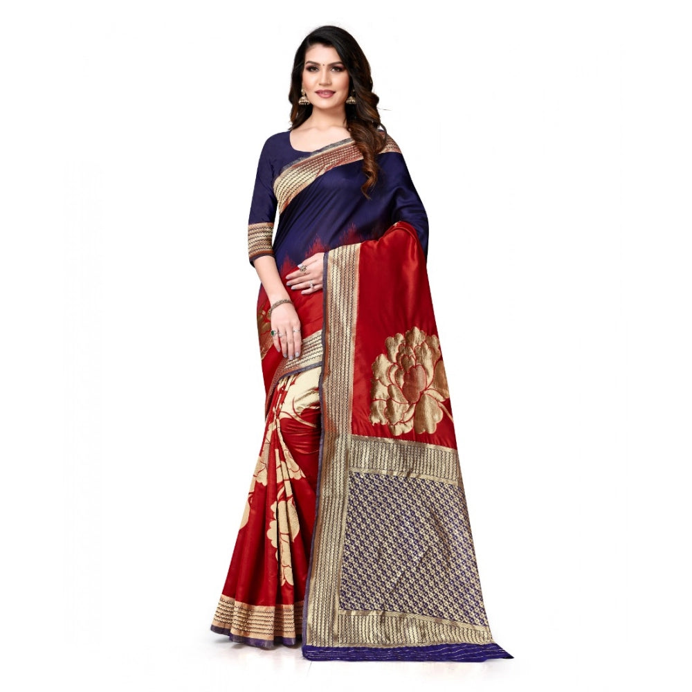 Snuggle Spot Women's Banarasi Silk Saree With Blouse (Navy Blue, Red, 5-6Mtrs)