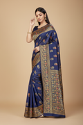 Snuggle Spot Women's Banarasi Silk Saree With Blouse (Navy Blue, 5-6Mtrs)