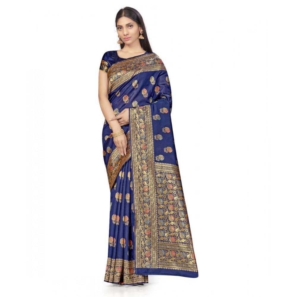 Snuggle Spot Women's Banarasi Silk Saree With Blouse (Navy Blue, 5-6Mtrs)