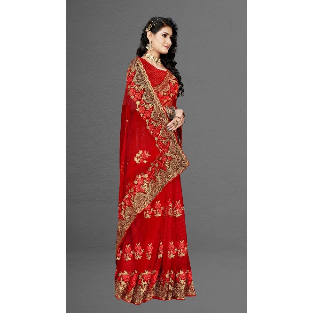 Snuggle Spot Women's Net Saree With Blouse (Red, 5-6Mtrs)