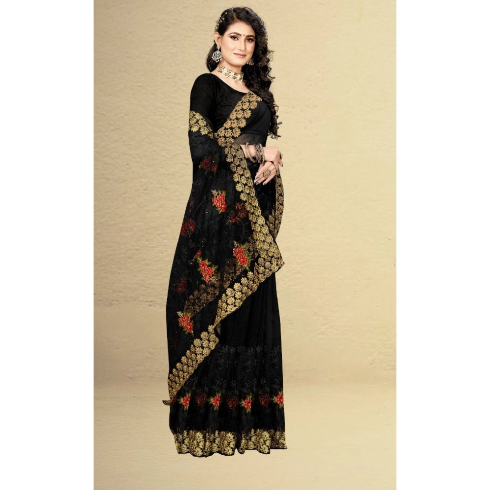 Snuggle Spot Women's Net Saree With Blouse (Black, 5-6Mtrs)