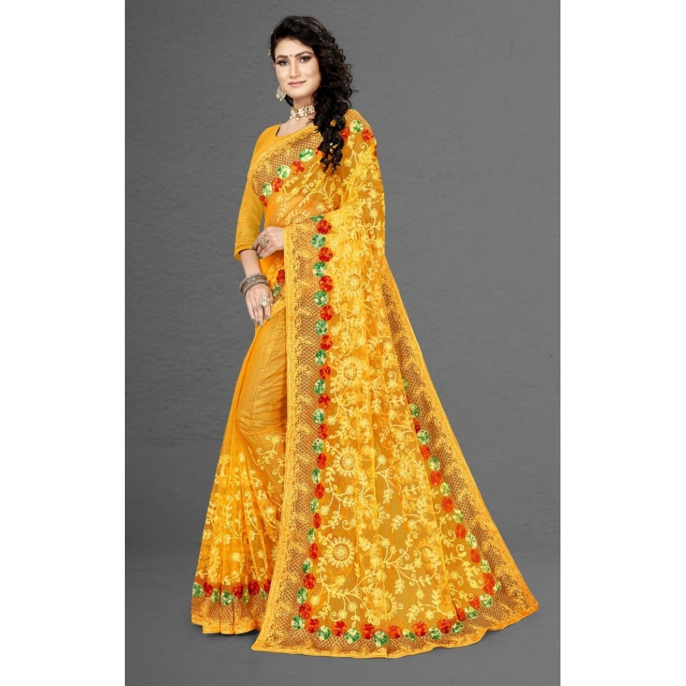 Snuggle Spot Women's Net Saree With Blouse (Yellow, 5-6Mtrs)