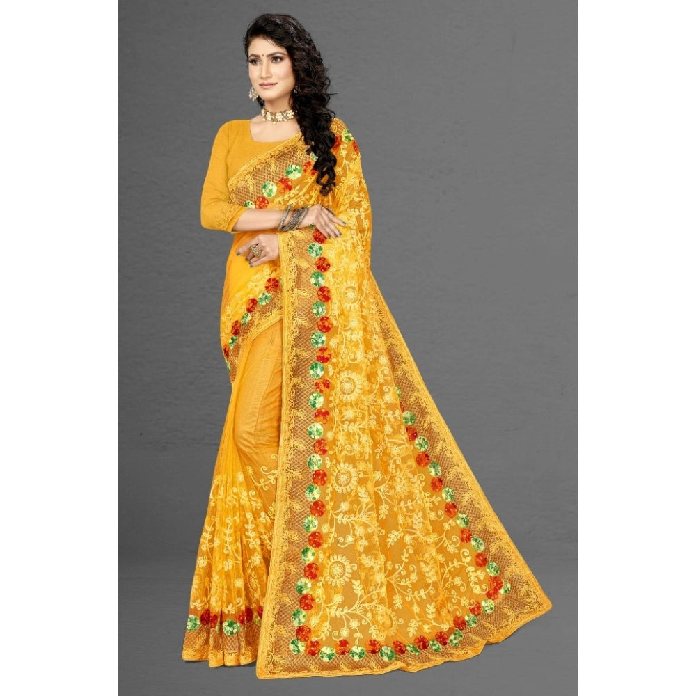 Snuggle Spot Women's Net Saree With Blouse (Yellow, 5-6Mtrs)