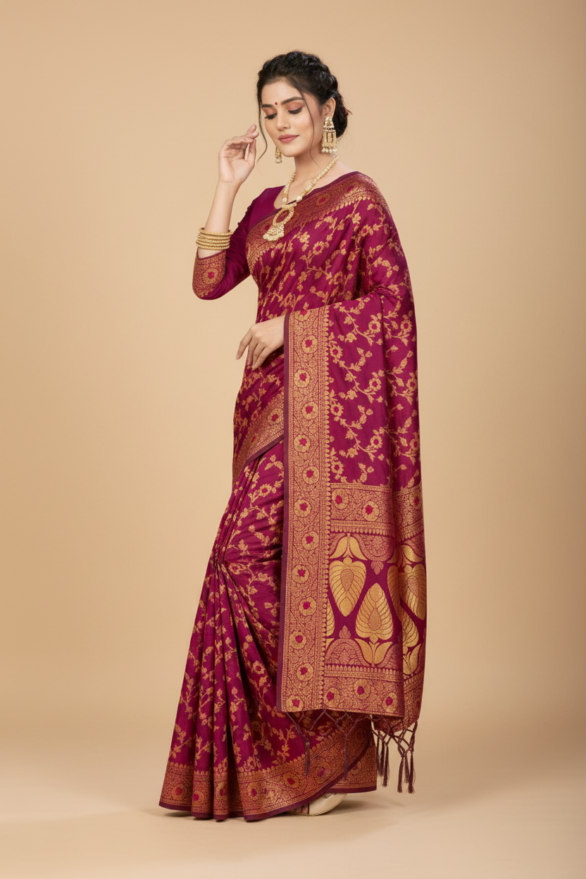Snuggle Spot Women's Banarasi Silk Saree With Blouse (Wine, 5-6Mtrs)