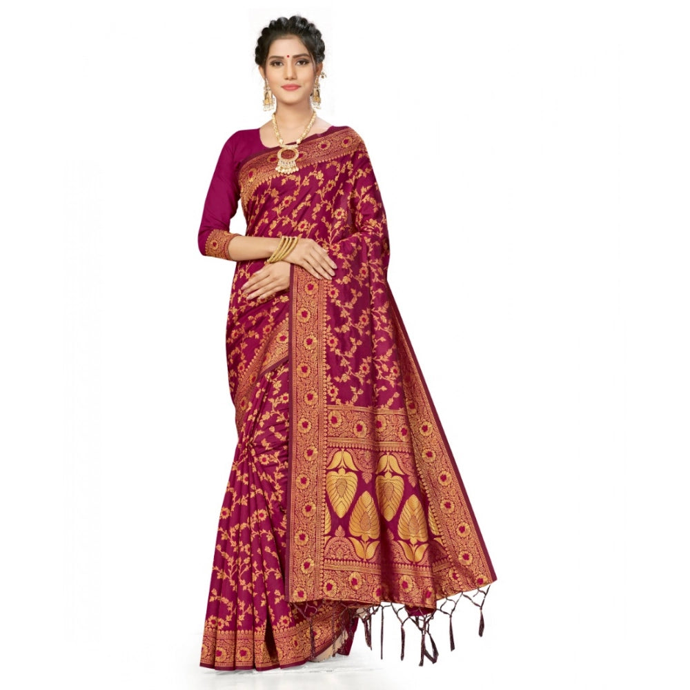 Snuggle Spot Women's Banarasi Silk Saree With Blouse (Wine, 5-6Mtrs)