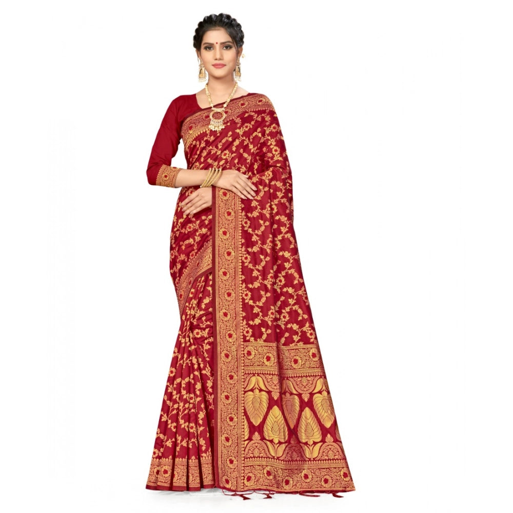 Snuggle Spot Women's Banarasi Silk Saree With Blouse (Maroon, 5-6Mtrs)