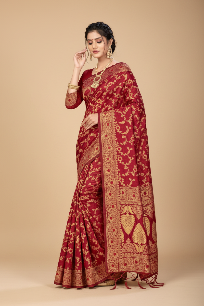 Snuggle Spot Women's Banarasi Silk Saree With Blouse (Maroon, 5-6Mtrs)
