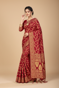 Snuggle Spot Women's Banarasi Silk Saree With Blouse (Maroon, 5-6Mtrs)