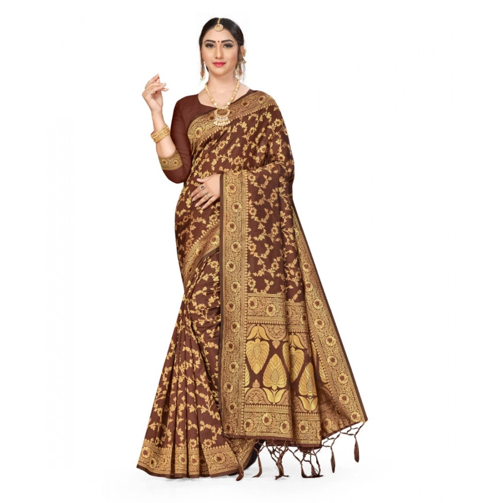 Snuggle Spot Women's Banarasi Silk Saree With Blouse (Coffee, 5-6Mtrs)