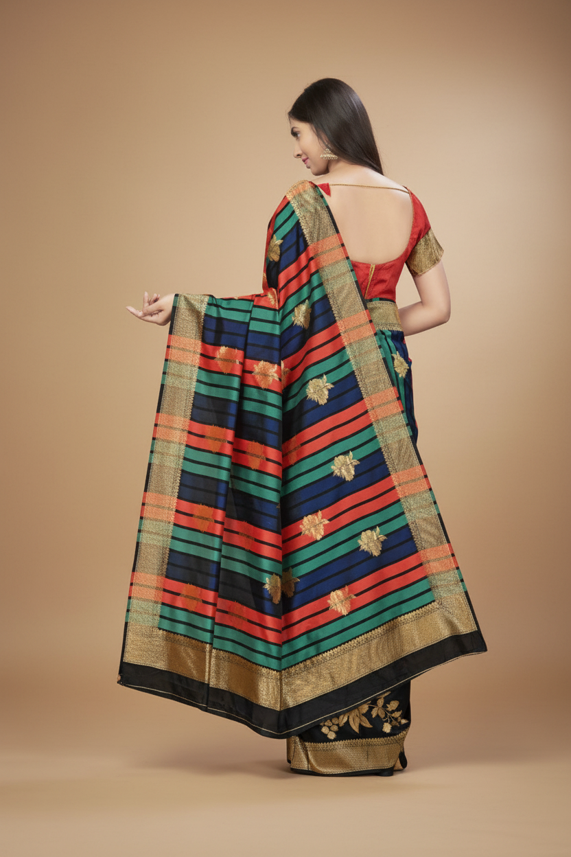 Snuggle Spot Women's Banarasi Silk Saree With Blouse (Black, 5-6Mtrs)