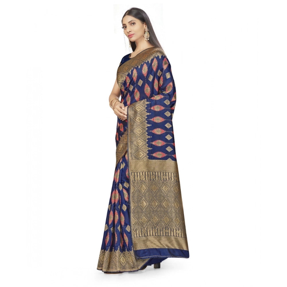 Snuggle Spot Women's Banarasi Silk Saree With Blouse (Navy Blue, 5-6Mtrs)