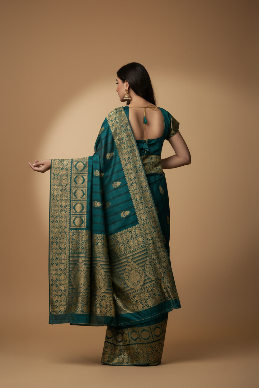Snuggle Spot Women's Banarasi Silk Saree With Blouse (Peach, 5-6Mtrs)