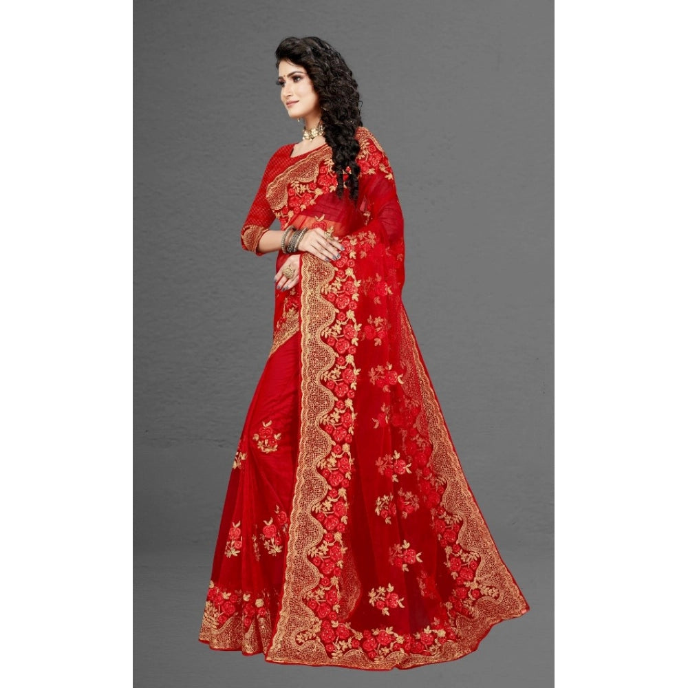 Snuggle Spot Women's Net Saree With Blouse (Red, 5-6Mtrs)