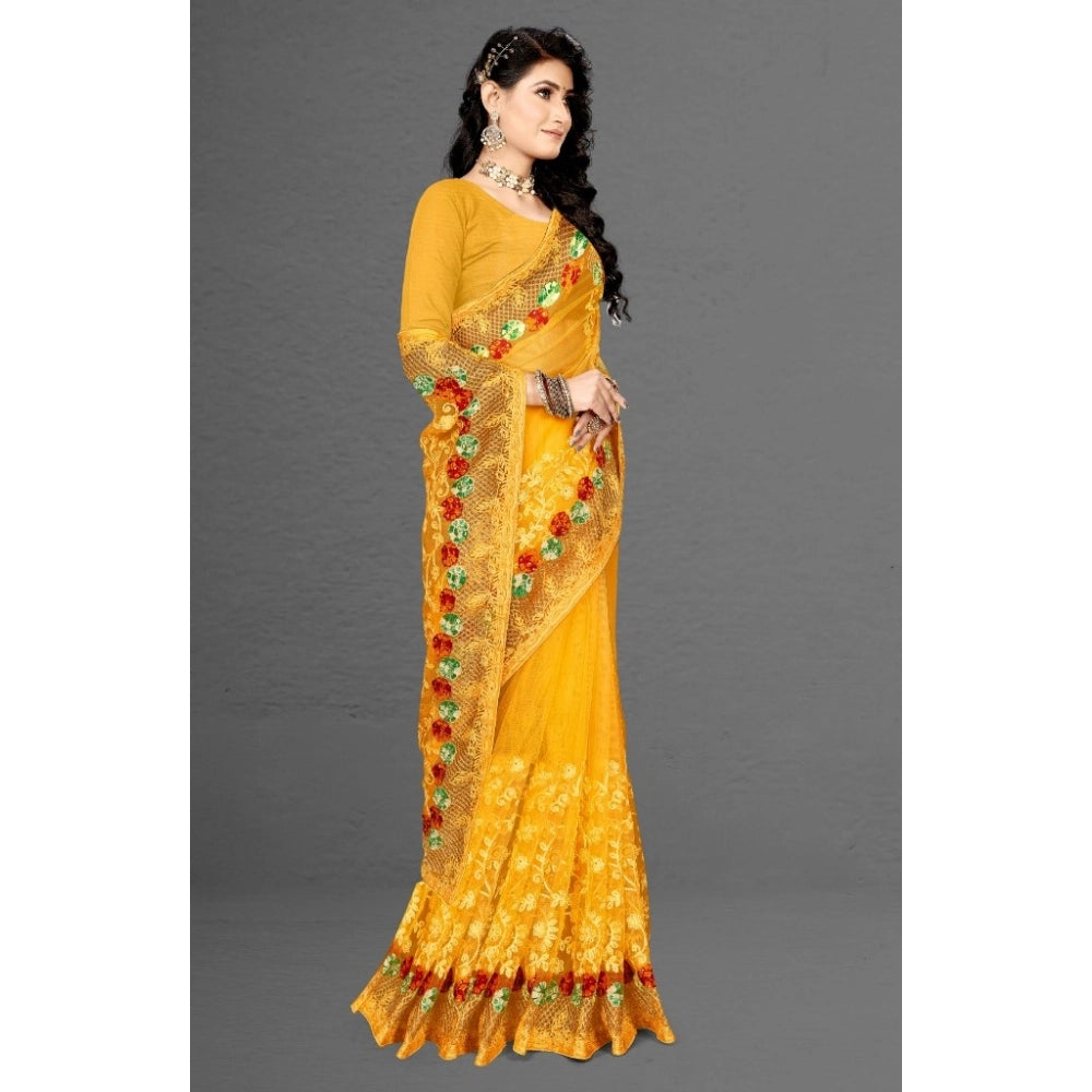 Snuggle Spot Women's Net Saree With Blouse (Yellow, 5-6Mtrs)