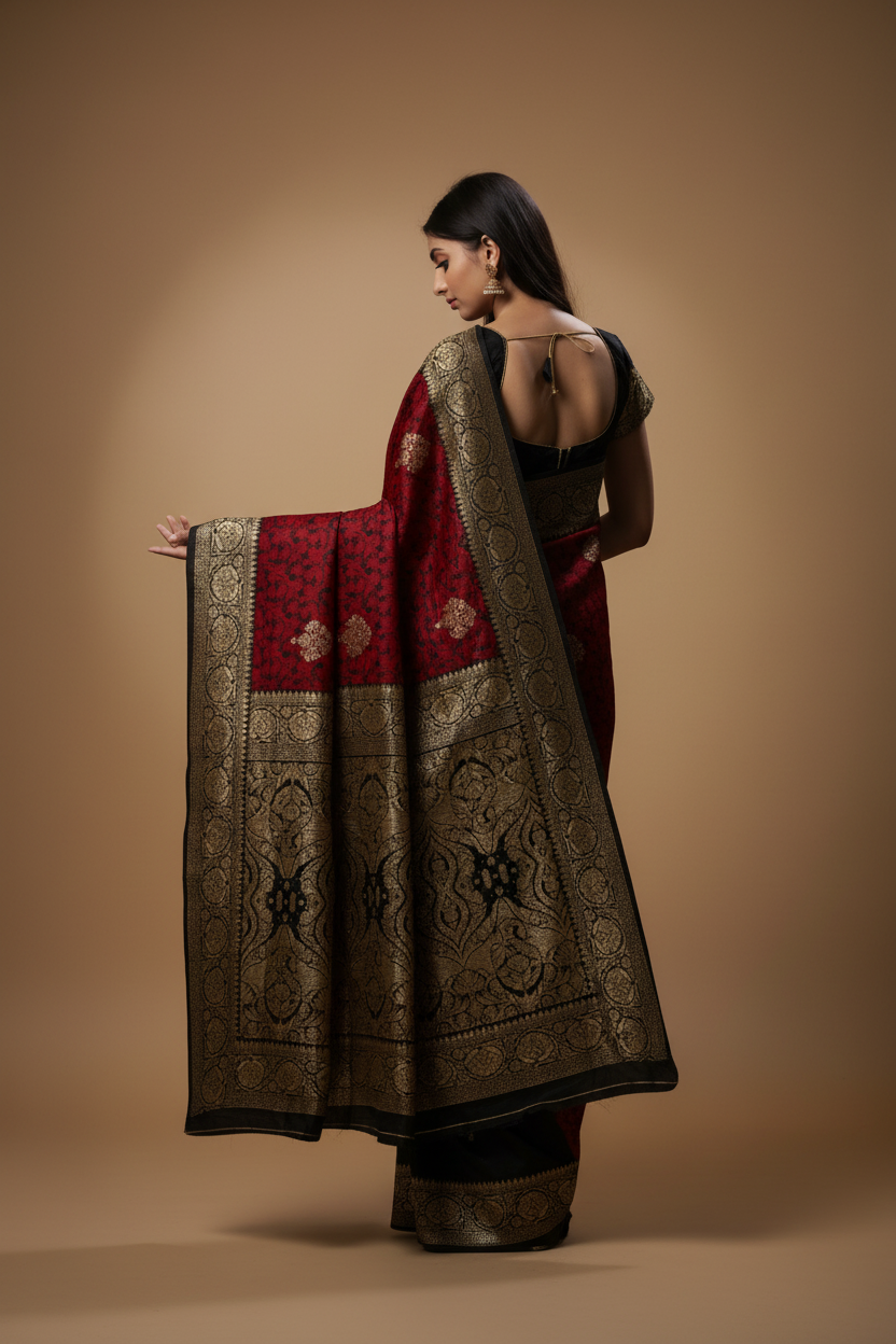 Snuggle Spot Women's Banarasi Silk Saree With Blouse (Black, Red, 5-6Mtrs)