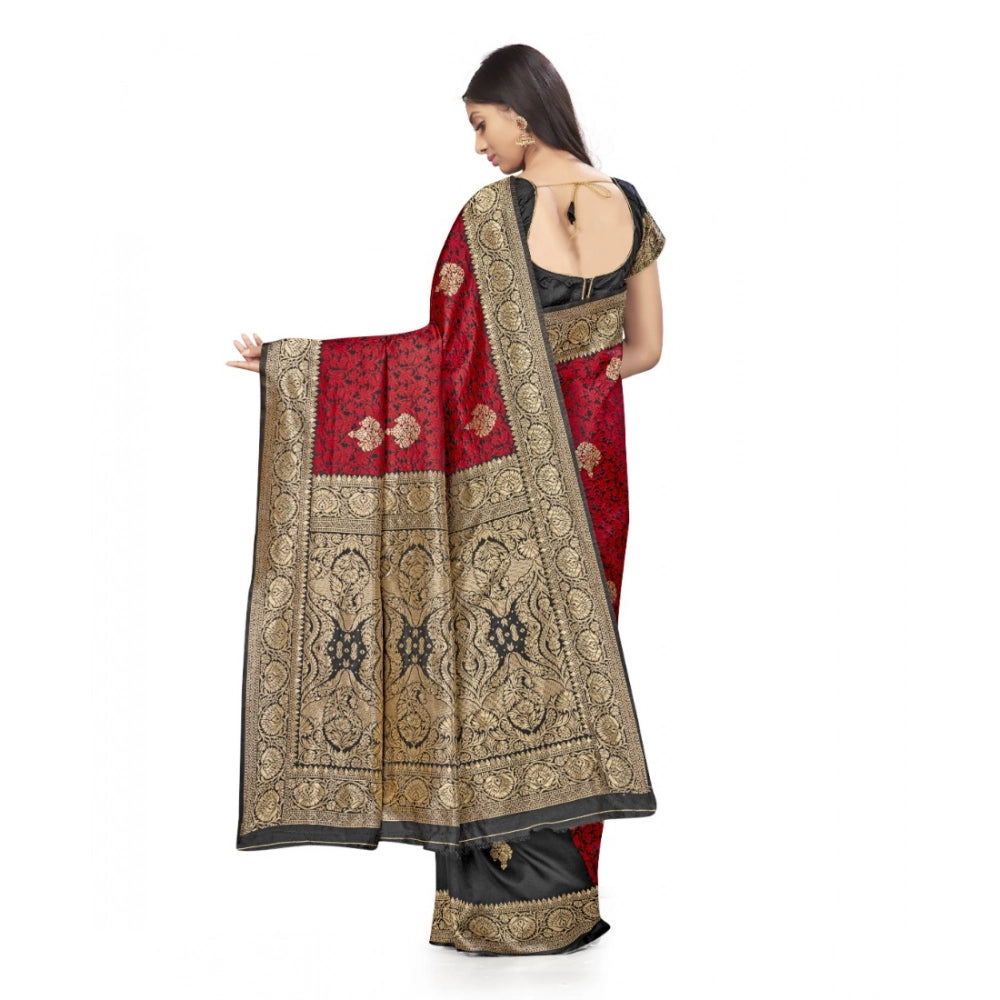 Snuggle Spot Women's Banarasi Silk Saree With Blouse (Black, Red, 5-6Mtrs)