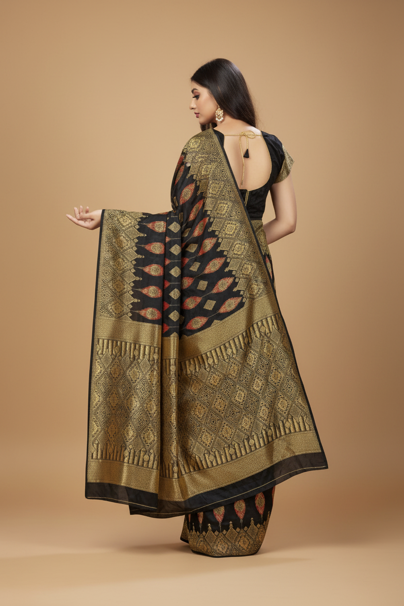 Snuggle Spot Women's Banarasi Silk Saree With Blouse (Black, 5-6Mtrs)